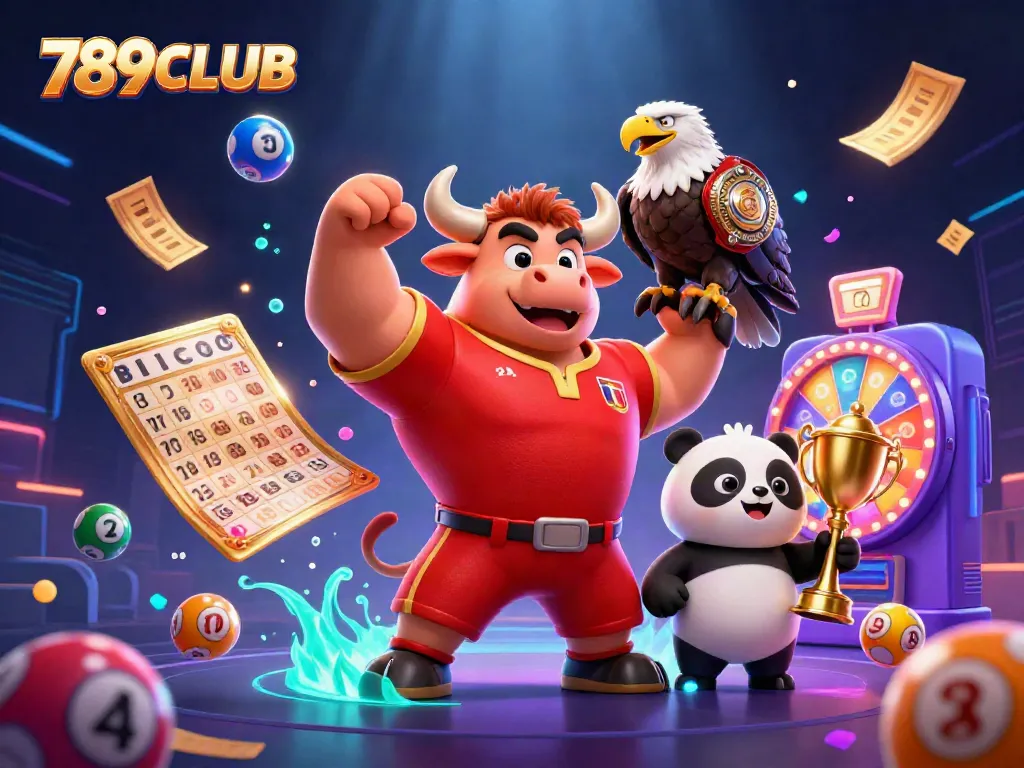 Win big with 789CLUB as the victorious bull mascot celebrates amidst vibrant casino elements.