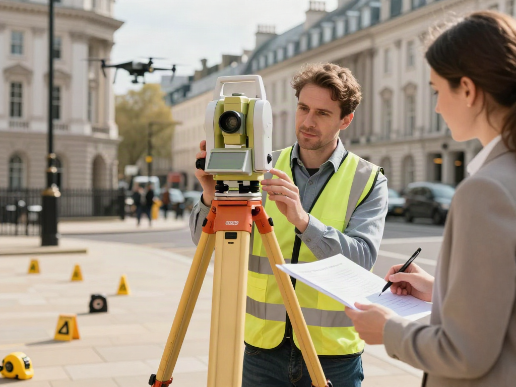 Land Surveyors London using advanced surveying tools on a busy site in urban London