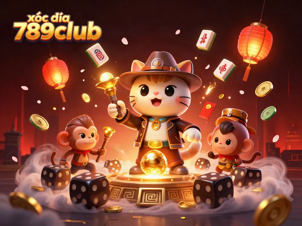 Experience thrilling xóc đĩa 789club with an adventurous explorer and treasures in vibrant casino art.