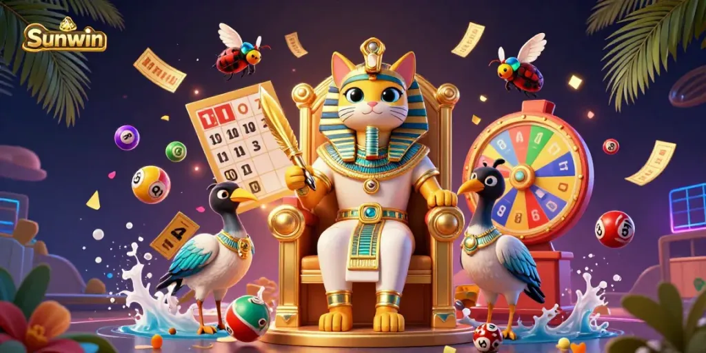 Win exciting prizes at Sunwin, where colorful lottery elements and lively casino characters create a thrilling gaming environment.