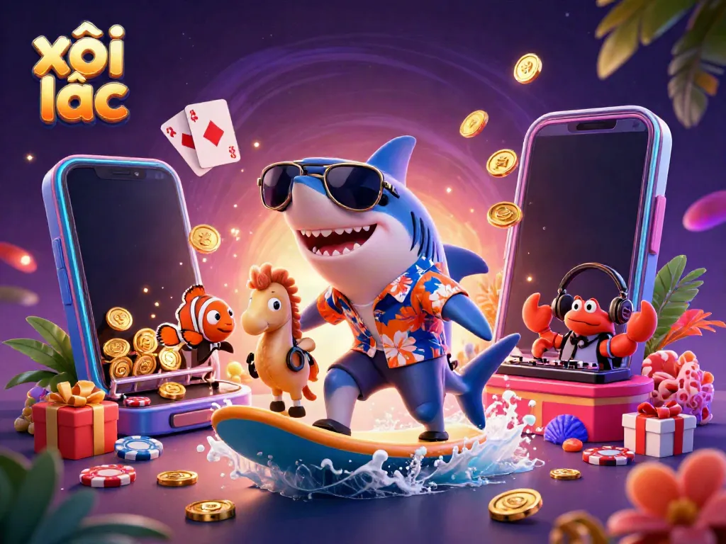 Experience the thrill of gambling with xôi lạc as a shark and clownfish surf gold coins in a vibrant casino illustration.