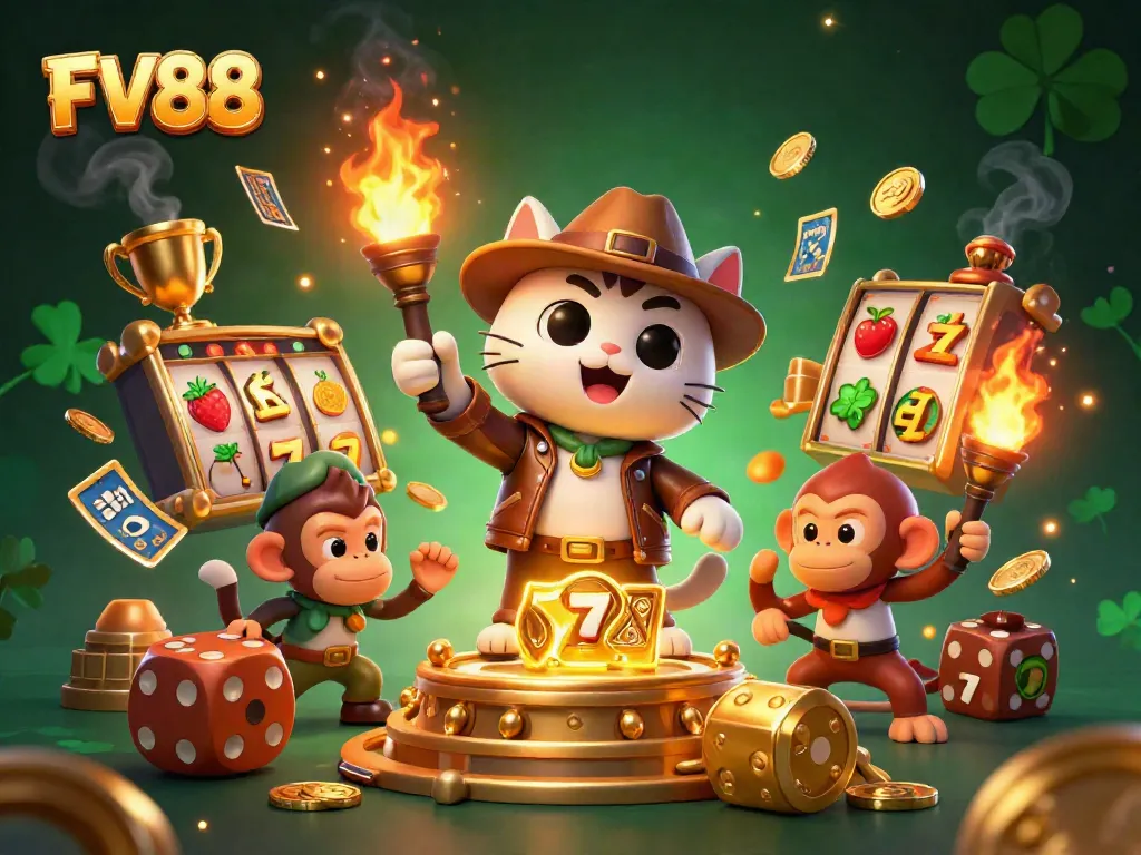 Engage with dynamic slot action showcasing FV88 in a 3D illustrated scene of discovery and excitement.
