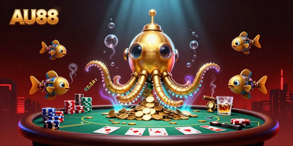 Experience thrilling gameplay at AU88 with a dynamic scene featuring poker elements and a golden kraken underwater.