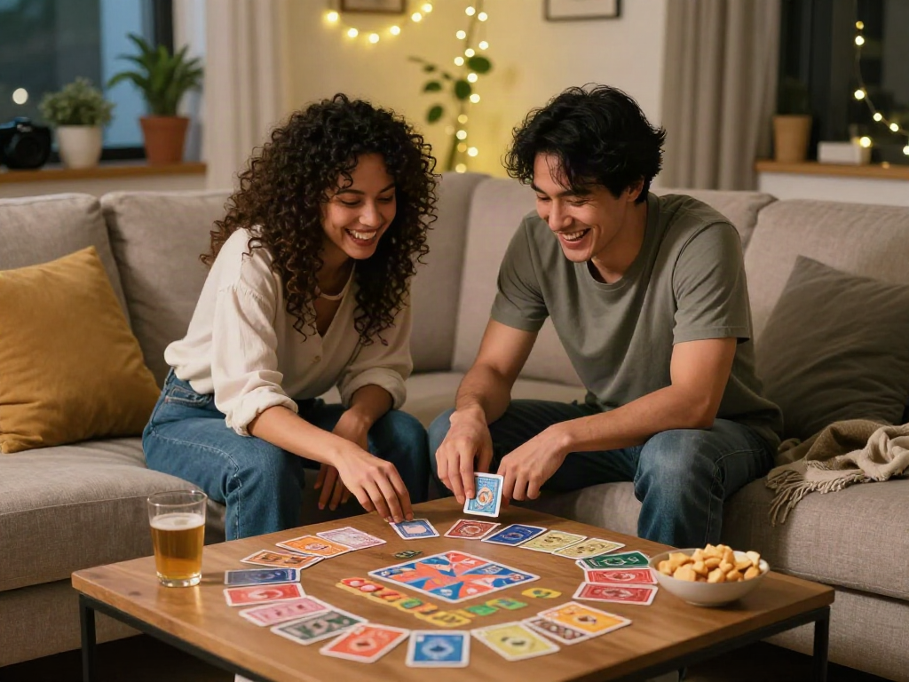 Couple enjoying a card-based sex game in a cozy living room setting, enhancing intimacy and connection.