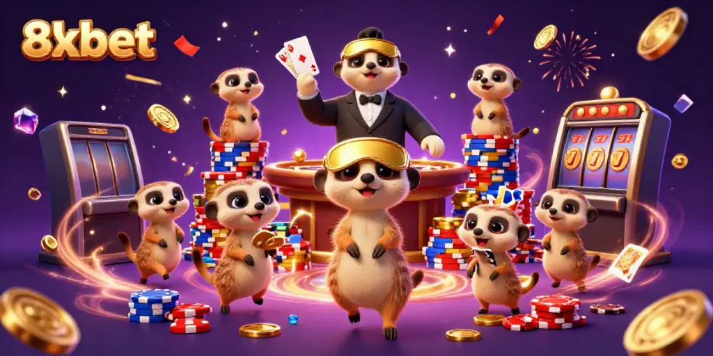 Experience the excitement at 8xbet with meerkats managing a vibrant casino, featuring roulette and poker elements.
