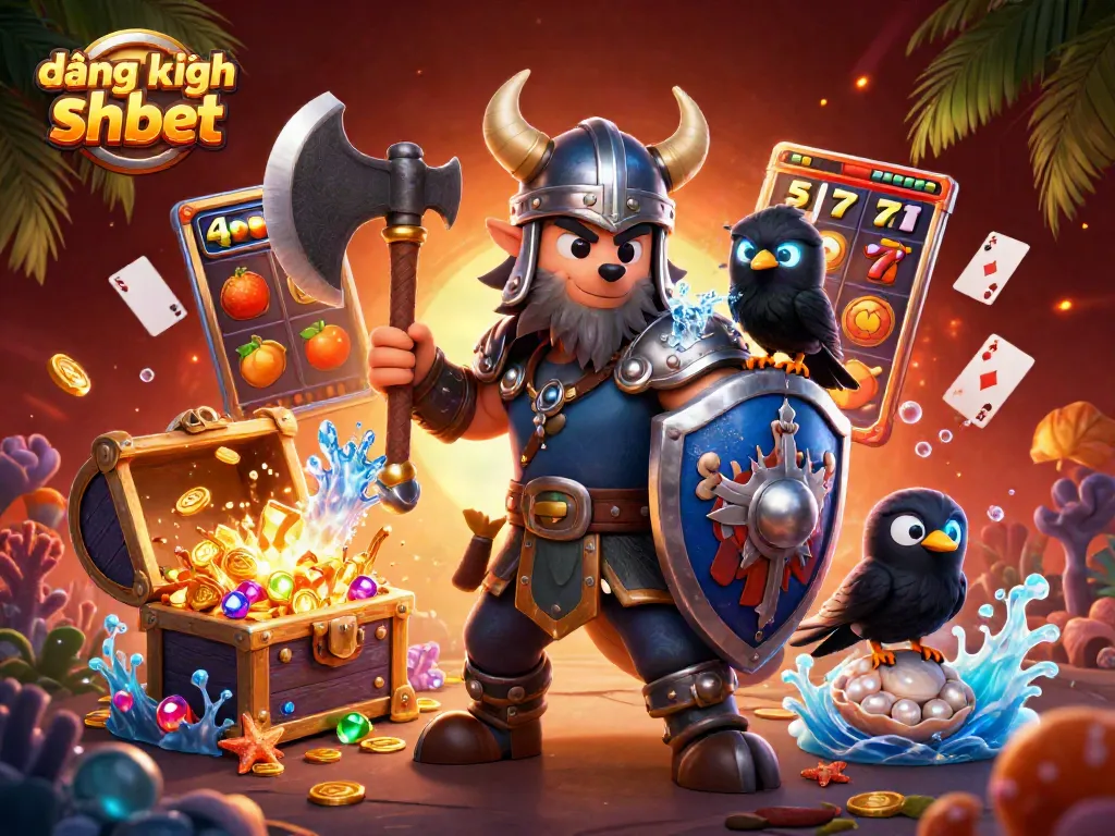 Engage in đăng ký shbet with a cartoon Viking, dragon, and raven in a vibrant casino setting.