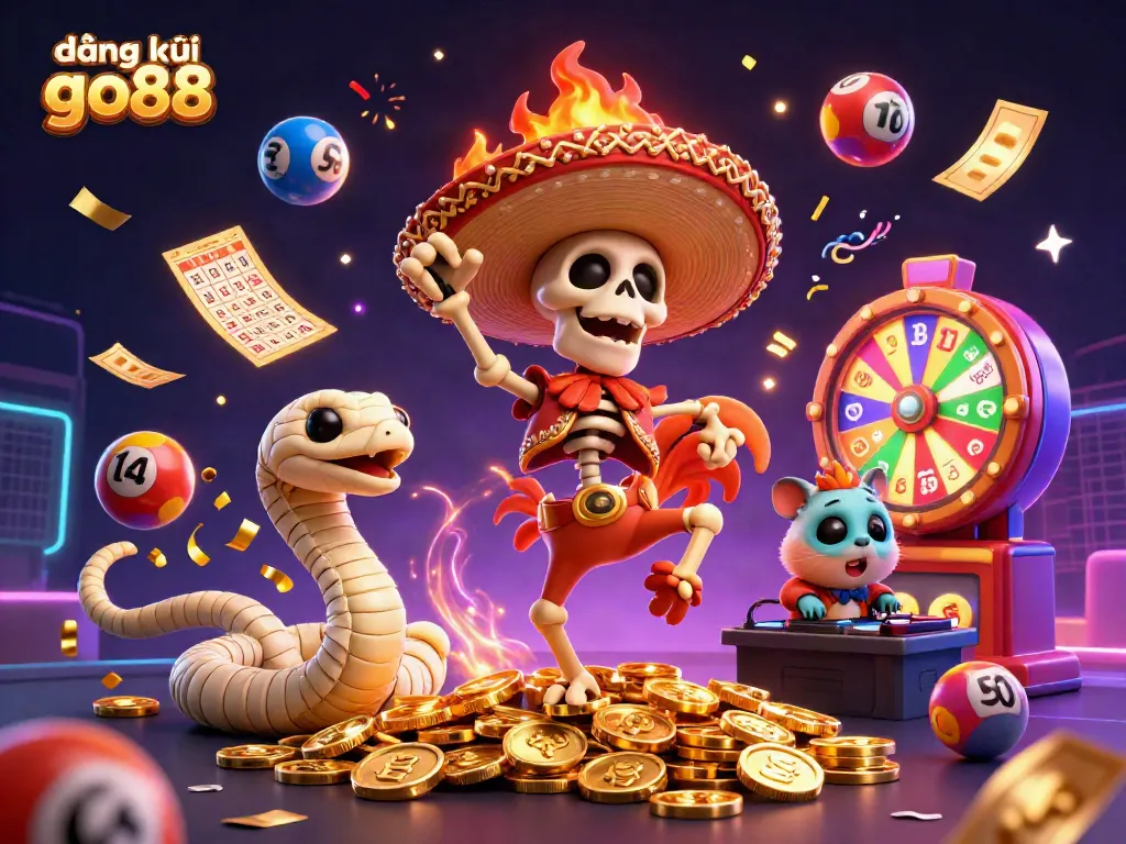 Join the fun at đăng ký go88 with colorful lottery balls and vibrant DJ characters celebrating winnings and prizes!