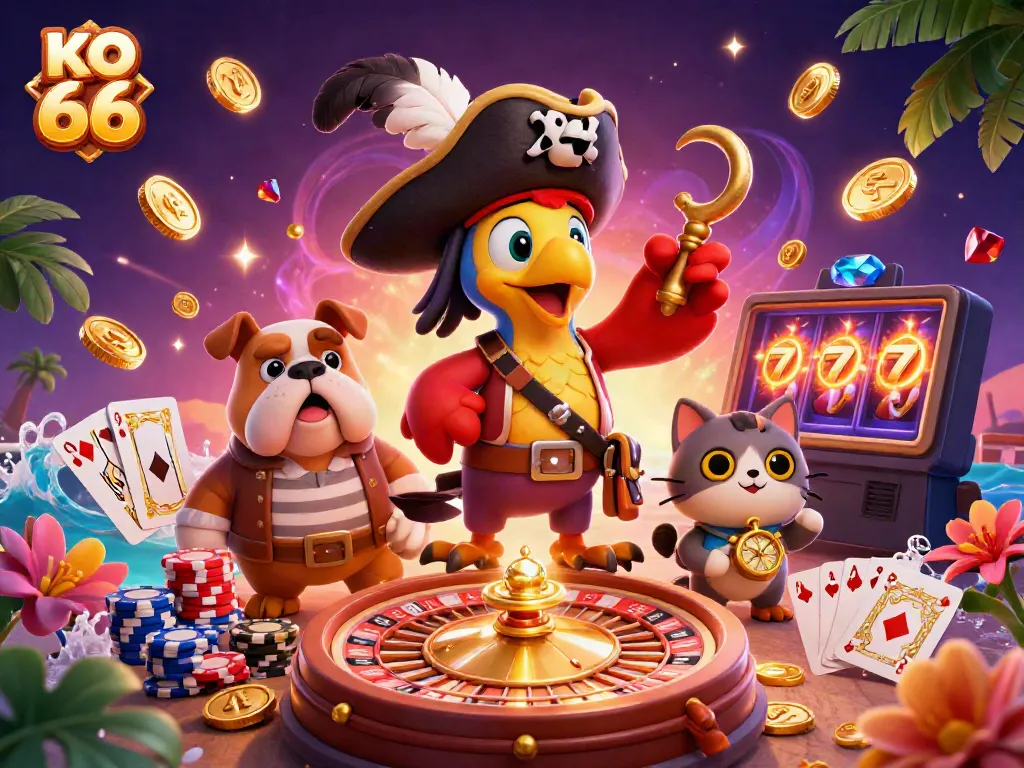 Experience the excitement of KO 66 with our vibrant casino-themed illustration featuring animated characters and dynamic game elements.