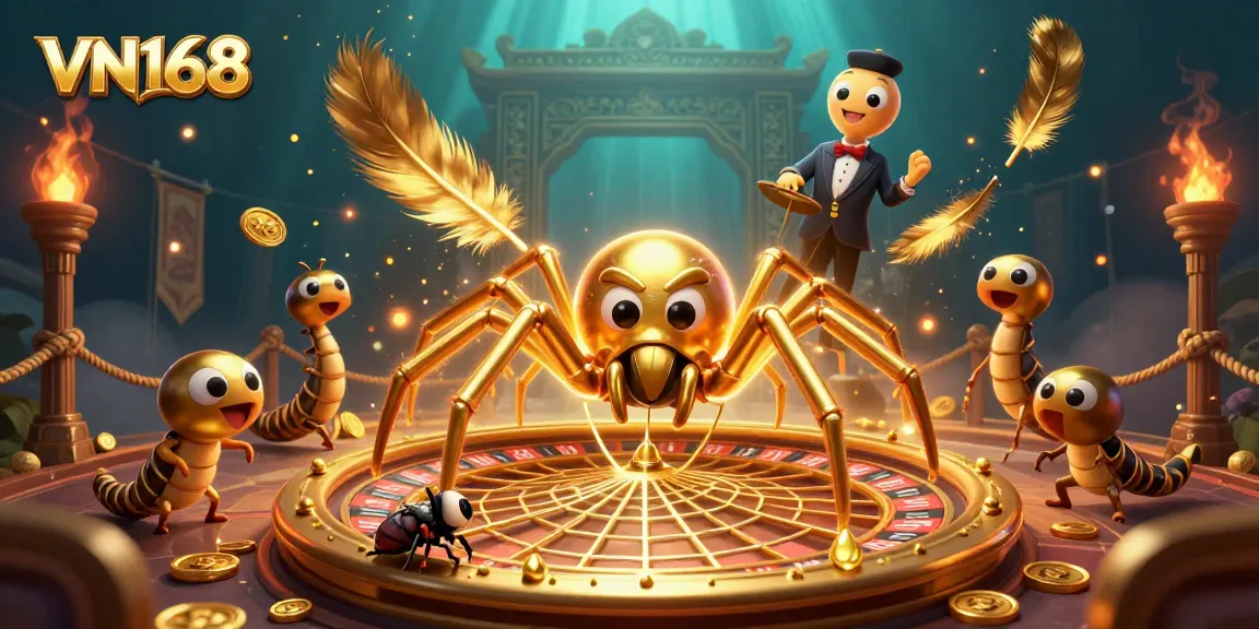 Experience excitement at VN168 with a golden spider and croupier in a dynamic casino scene.