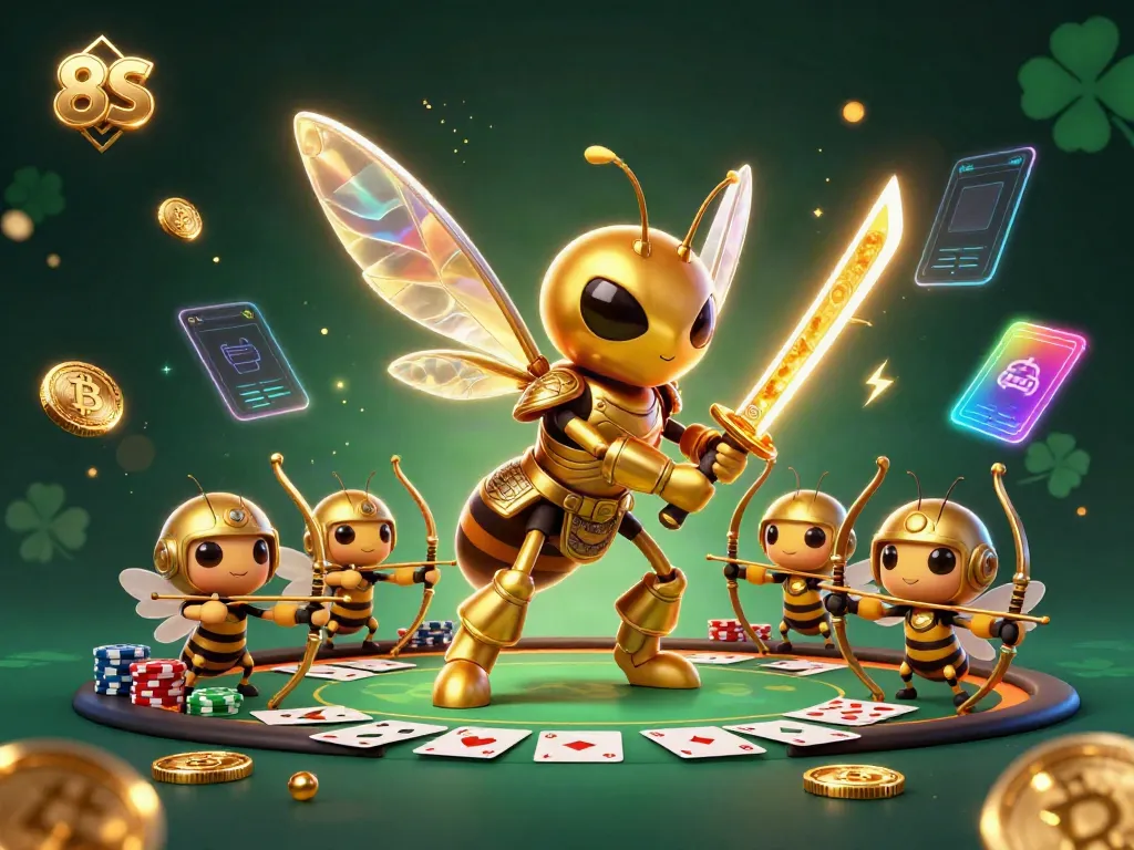 Engage in 8S action at a vibrant casino scene featuring a hornet samurai and bee archers.