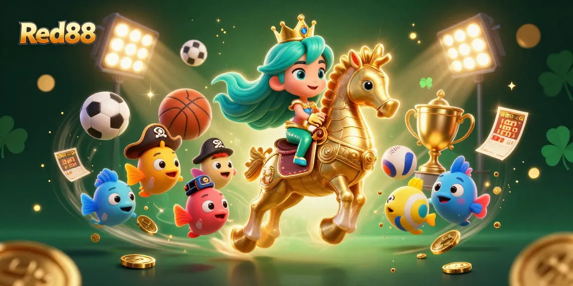 Experience the excitement of Red88 with a vibrant casino scene featuring animated characters and sports elements.