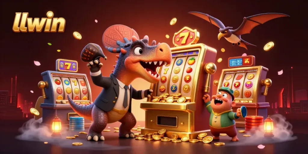 Experience llwin's jackpot excitement as a pachycephalosaurus activates a slot machine amid a buzzing casino atmosphere.