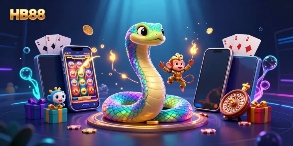 Engage in thrilling gameplay at HB88 with vibrant casino-themed 3D illustration showcasing vivid characters and games.