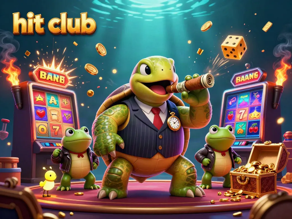 Experience excitement at hit club with a cartoon snapping turtle in a casino setting surrounded by golden elements.