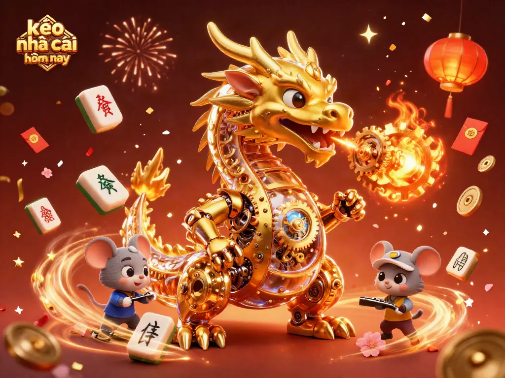 Engage with kèo nhà cái hôm nay in this vibrant 3D digital illustration featuring a golden dragon and festive casino elements.