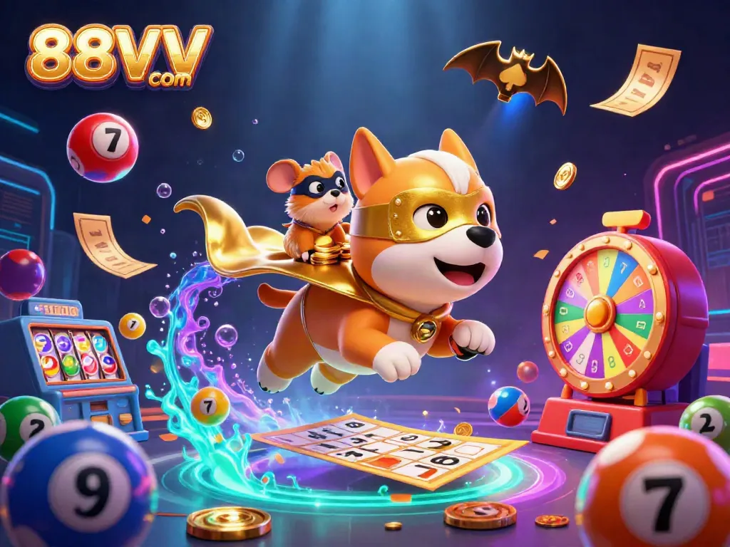 Experience the thrill of 88VV com with a superhero dog in a dynamic casino scene filled with vibrant game elements.