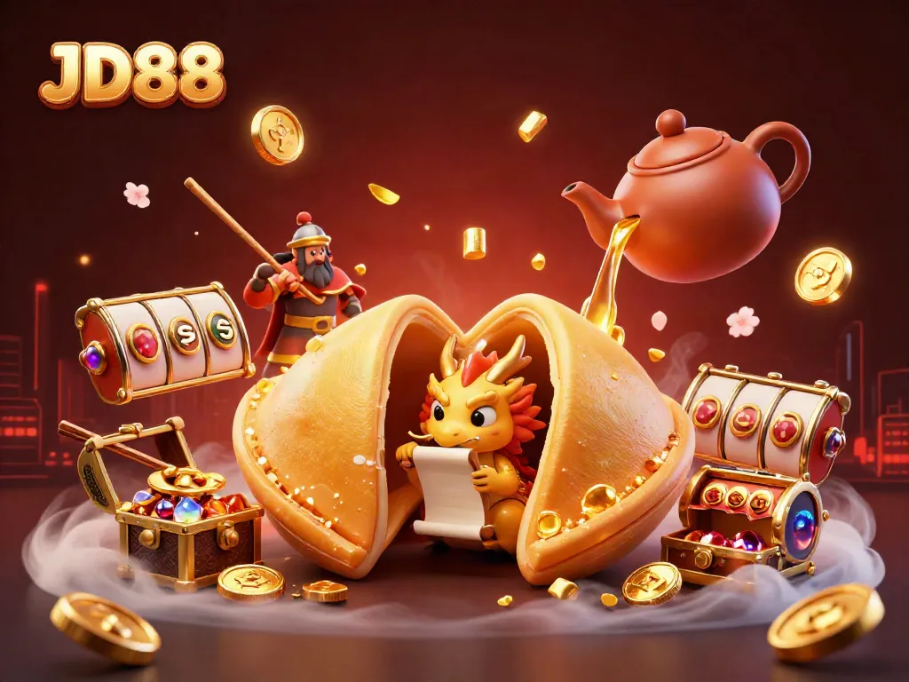 JD88 presents an exciting casino scene with a golden fortune cookie, treasures, and game elements.