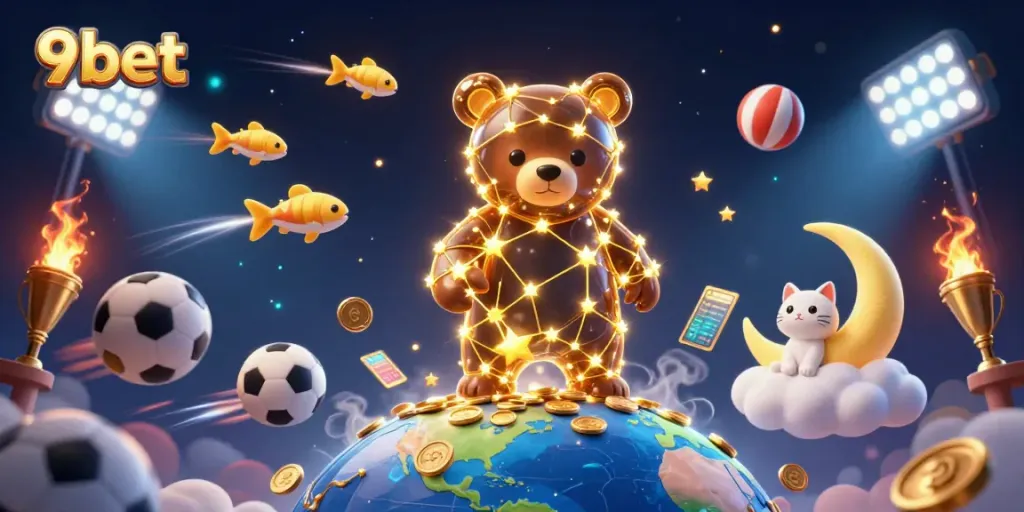 Experience 9bet excitement as a golden constellation bear scoops coins in a vibrant casino scene.