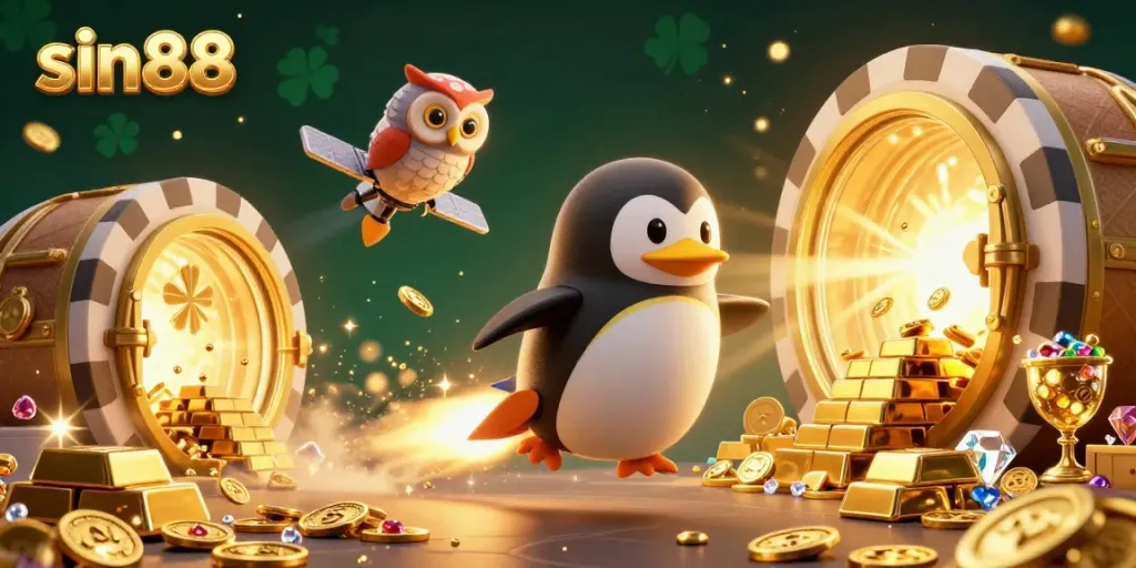 Experience the excitement of sin88 with a dazzling 3D illustration showcasing a rocket-powered golden penguin and casino elements.