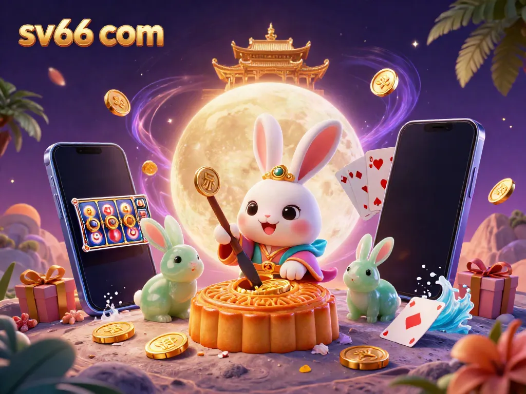 Experience exhilarating gaming at sv66 com with a playful casino scene featuring vibrant poker chips and golden mooncakes.