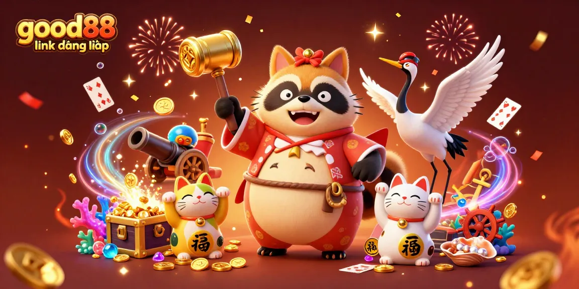 Experience the excitement at good88 link đăng nhập with a vivid casino scene featuring charming characters celebrating wins.