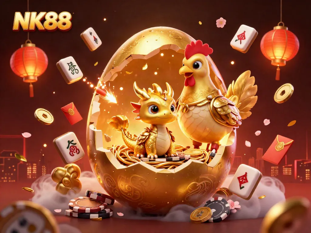 Experience excitement with NK88 as a golden dragon and poker chips come to life in a vibrant casino scene.