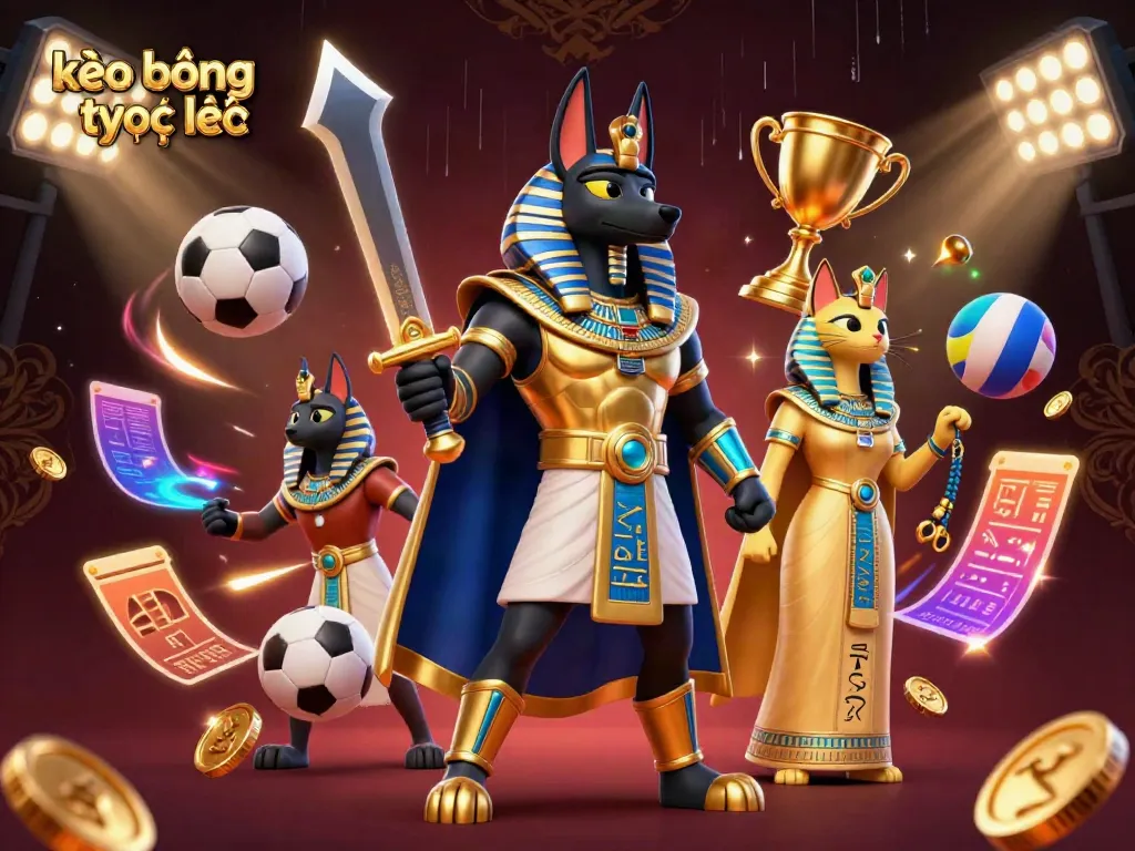Engage with kèo bóng trực tuyến in a vibrant scene featuring an Anubis warrior and sports elements.