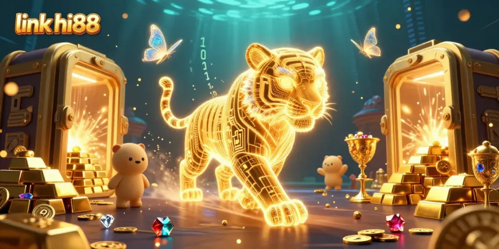 Engage with exciting online adventures at link hi88, featuring a neon golden tiger in a dynamic digital casino.