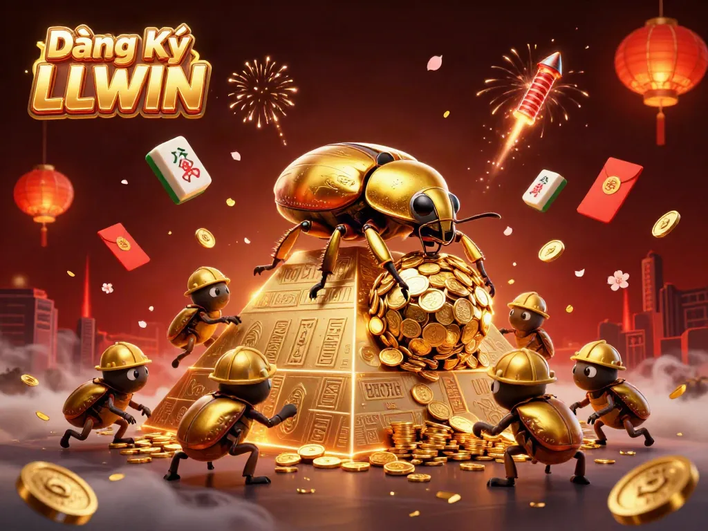 Engage in Đăng Ký LLWIN, witnessing a golden dung beetle triumphing over a pyramid of coins, rich in casino icons.
