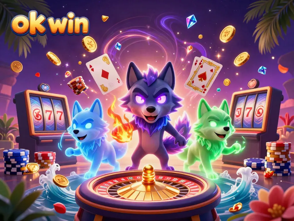Spin to win with ok win, showcasing a vibrant casino scene featuring shadow wolves, golden coins, and lively gaming elements.