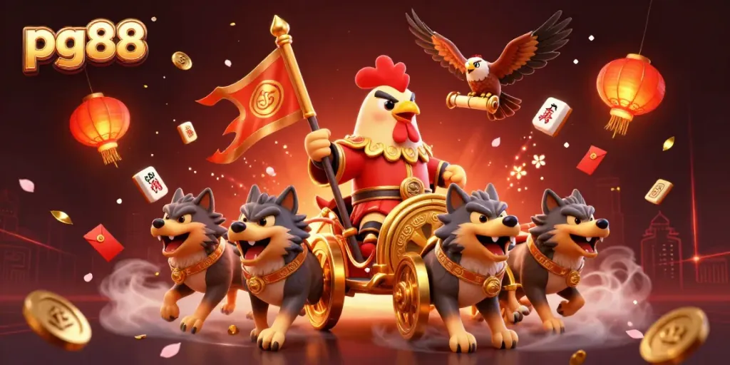 Join the thrilling pg88 casino adventure with a rooster warlord and exciting gaming elements.