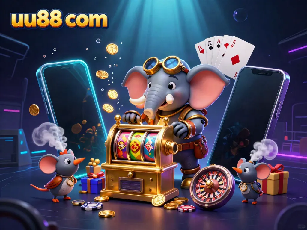 Feel the excitement at uu88 com with a steampunk elephant spinning the golden slot machine in a vibrant casino.