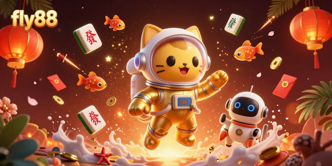 Play exciting games at fly88 with a vibrant casino-themed illustration showcasing a golden astronaut cat.