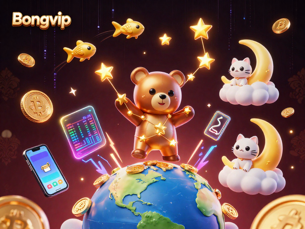 Bongvip brings excitement to life as a constellation bear scoops coins among bright crypto symbols.