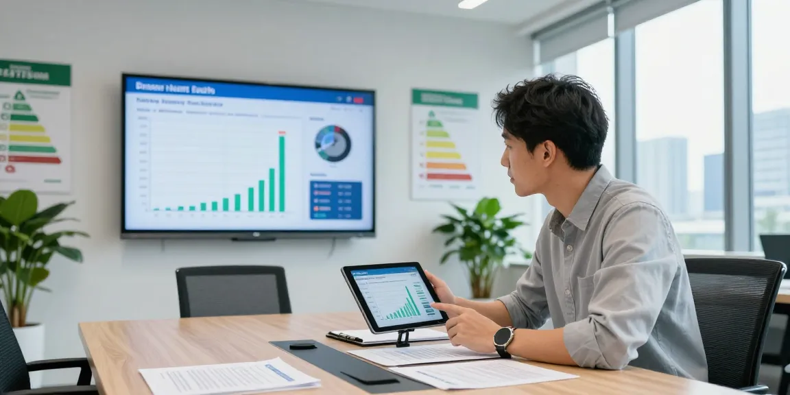 Business electricity half hourly meter data analysis in a modern office setting, highlighting energy management practices.