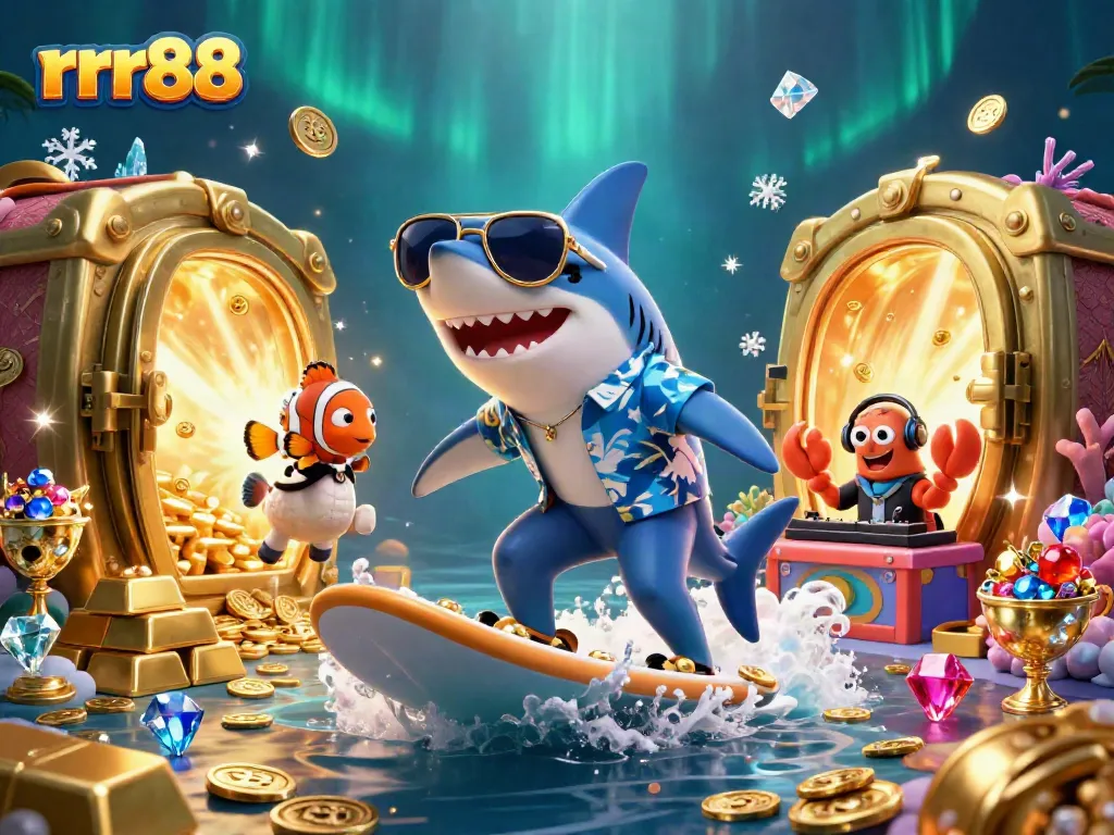 Experience rrr88's vibrant underwater casino scene with a shark and seahorse amid treasures.