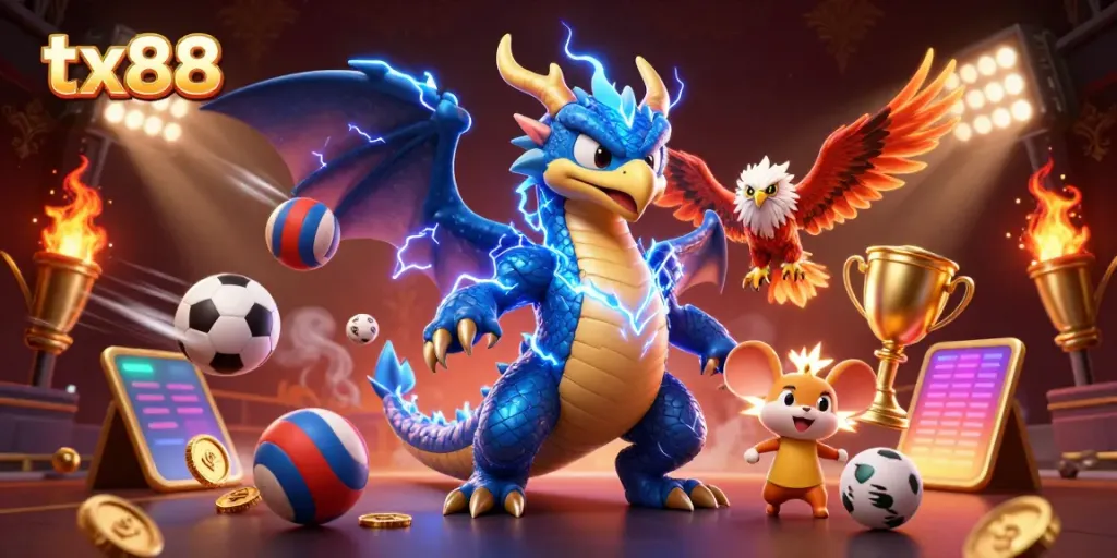 Experience action-packed sports betting with tx88, featuring dynamic casino elements and characters.