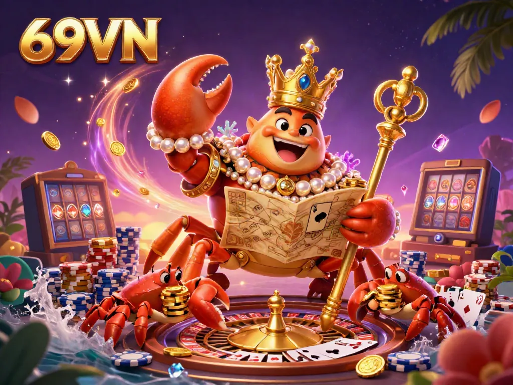 Experience the thrill at 69VN with a lavish scene featuring a golden crab emperor amidst vibrant casino elements.