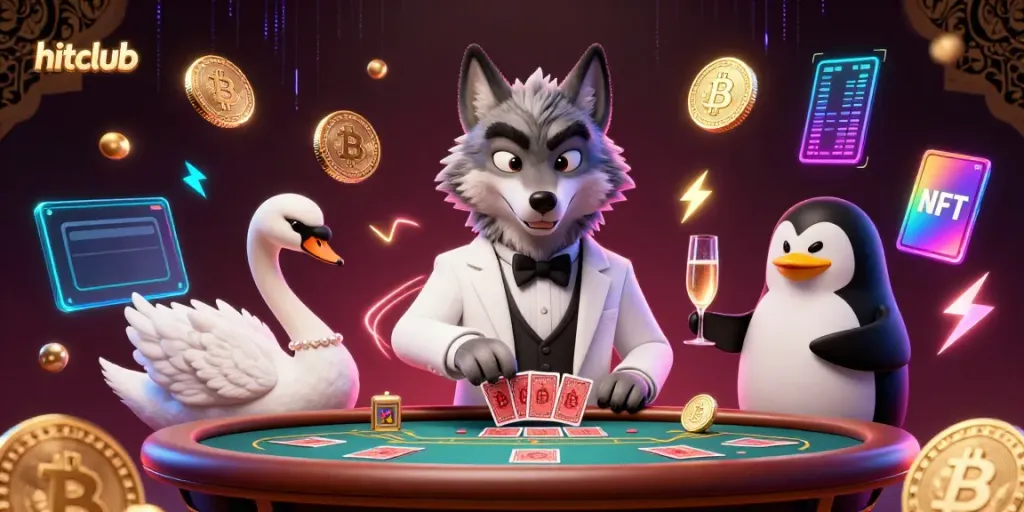 Engage with hitclub's elegant online casino ambiance featuring stylish characters and vibrant gambling elements.