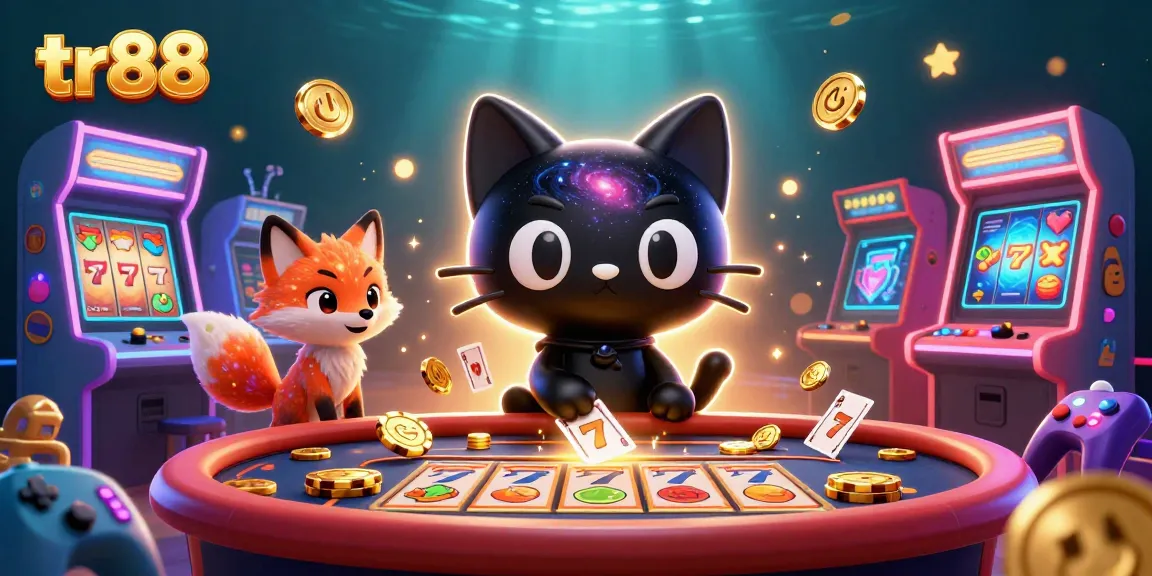 Experience thrilling action at tr88 with a cosmic cat and vibrant gaming elements in a dynamic casino scene.