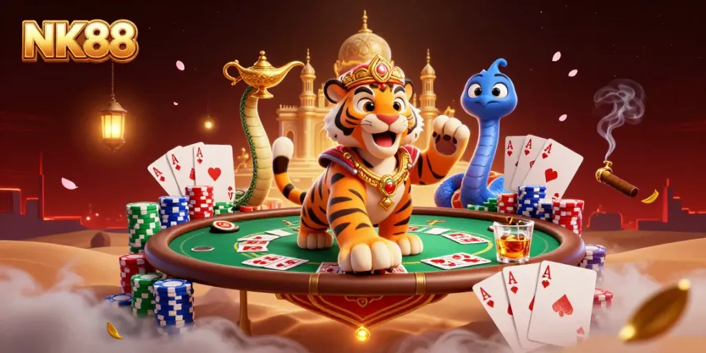 Spin the reels at NK88 with a tiger sultan on a magical carpet flying through a lavish casino scene.