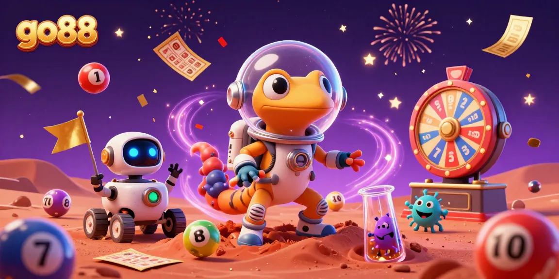 Go 88 celebrates with a Martian gecko in a golden casino, lottery balls bouncing in excitement.