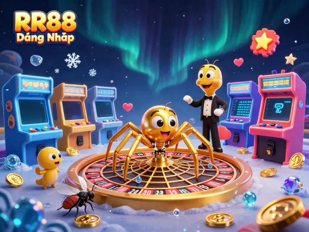 Experience RR88 Đăng Nhập with a thrilling visual of cartoon gaming characters in an exciting casino environment.