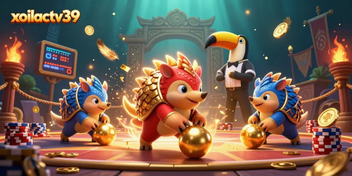 View the thrilling action of xoilactv39 with rival pangolins competing amidst golden scales and poker chips.