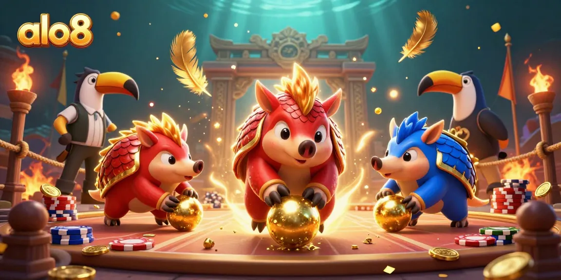 Alo8 brings immersive gaming with pangolins rolling into golden balls among poker chips, creating excitement.