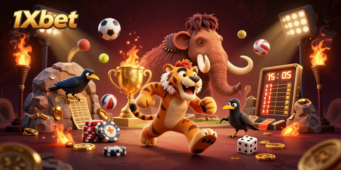 Engaging 1xbet gaming scene with a caveman and a tiger duo in a prehistoric casino, vibrant sports elements.