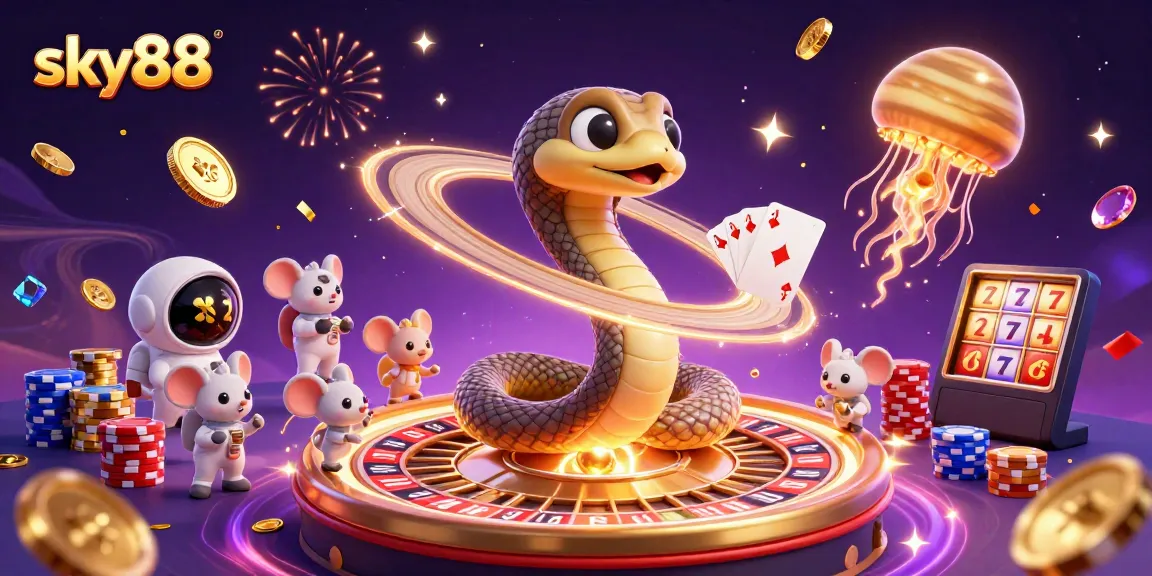 Experience thrilling bets at sky88 with an illustrated scene of cosmic casino action featuring roulette and poker elements.