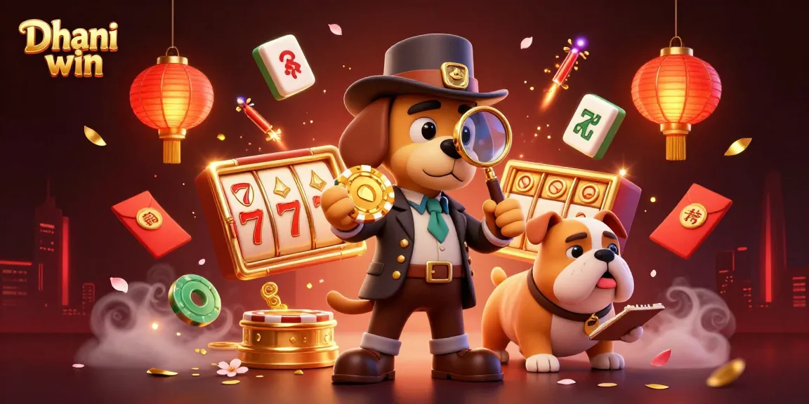 Dhani win detective inspecting a golden poker chip clue amidst vibrant casino-themed elements.