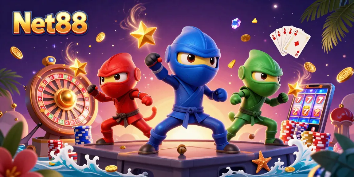 Experience exciting gameplay with Net88's vibrant casino-themed illustration featuring synchronized ninja chameleons.
