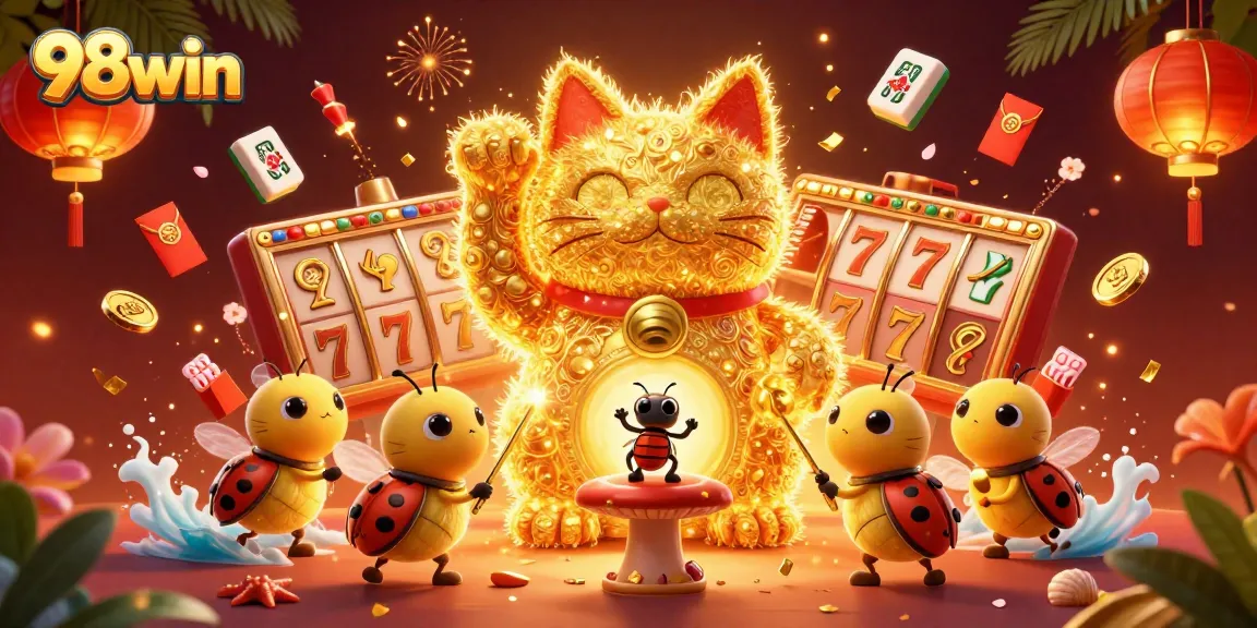 Engage with 98win's vibrant casino world, showcasing a lucky cat and casino symbols in a dazzling scene.